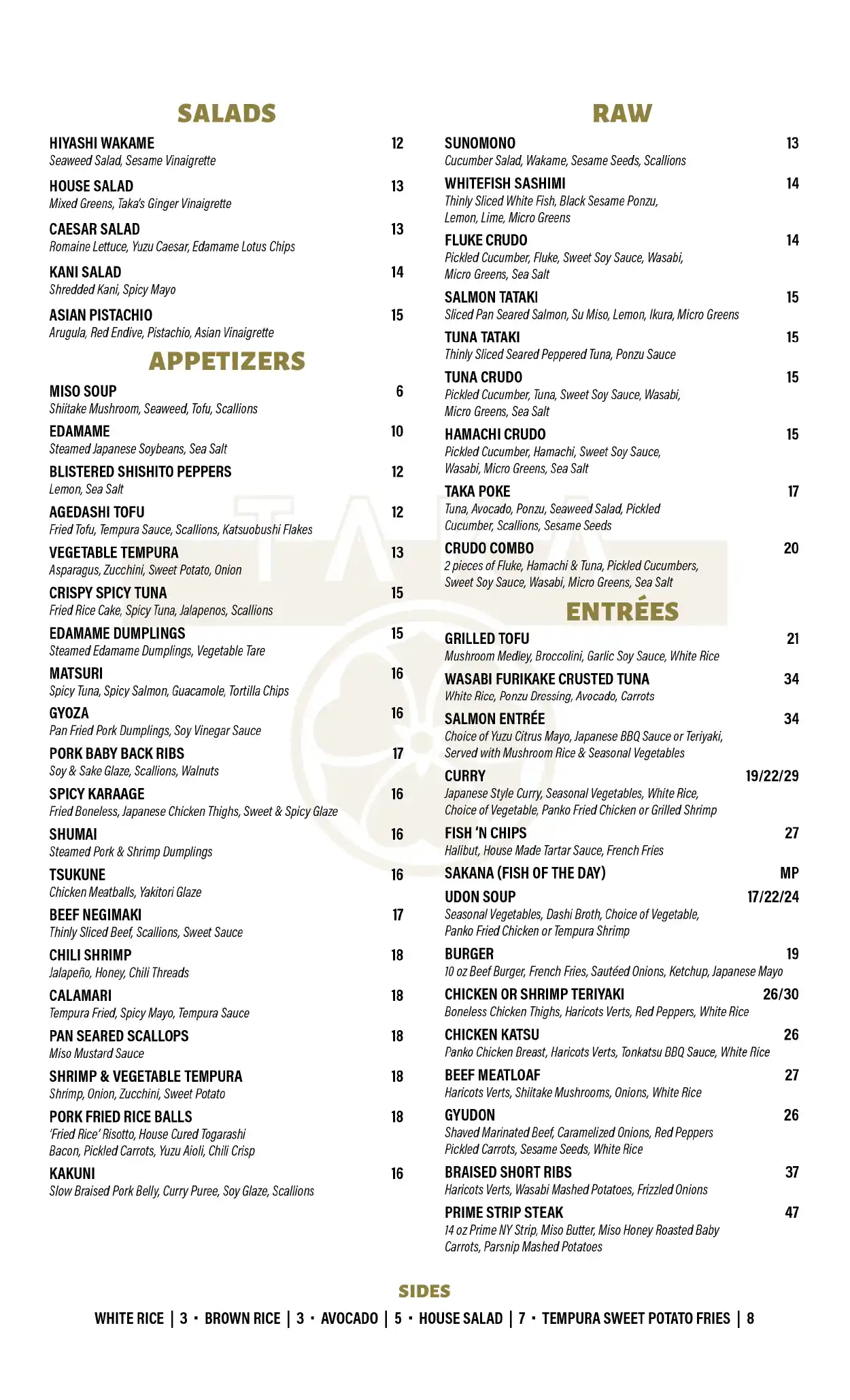 Taka Eat-In food menu 2026