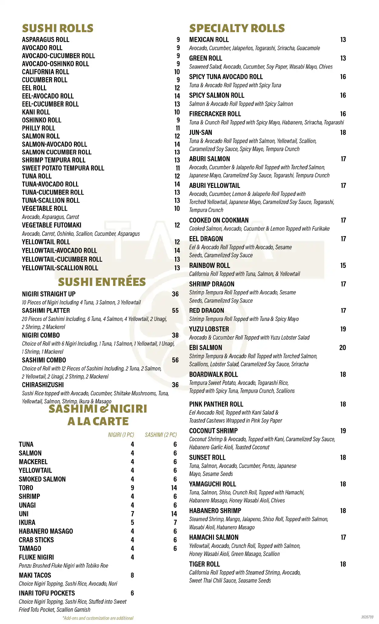 Taka Eat-In food menu 2026